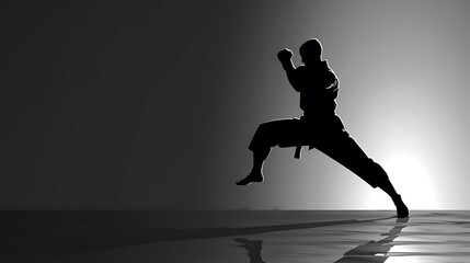 Silhouette of a karate practitioner in mid air performing a kick in a studio setting with dark background