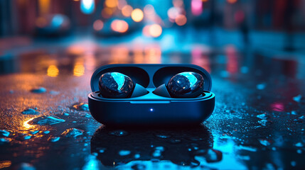 Wireless earbuds displayed in soft light highlighting sleek modern design technology elegance and premium audio experience ideal for product showcase advertising and contemporary lifestyle visuals