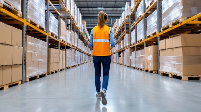 Warehouse worker walking through storage area, surrounded by stacked boxes and pallets