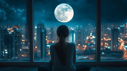 A woman sits by a window, gazing at a full moon rising over a cityscape.