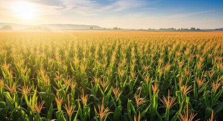 Golden sunrise illuminates a vast cornfield, creating a vibrant agricultural landscape and