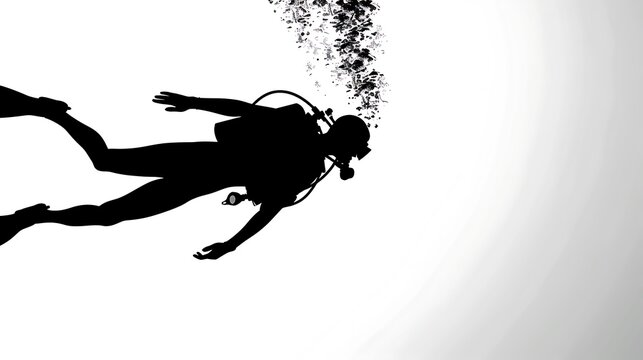Silhouette of scuba diver ascending with bubbles against a stark white background in a minimalist style - Powered by Adobe