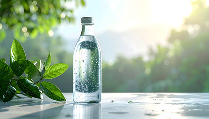 Clear water bottle on table with surrounding leaves