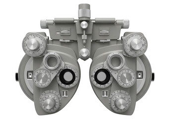 A closeup, topdown view of a gray phoropter used by optometrists for eye examinations, isolated on transparent background