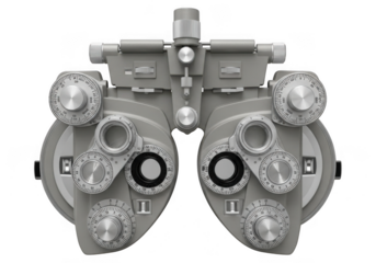 A closeup, topdown view of a gray phoropter used by optometrists for eye examinations, isolated on transparent background