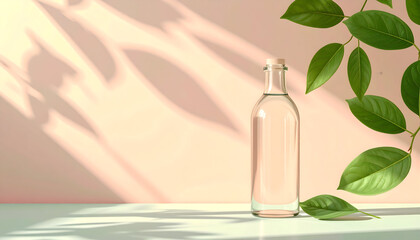 Glass water bottle with greenery and soft shadows