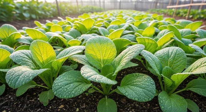 Lush bok choy plants in a garden under the morning sunlight showcasing sustainable agriculture and - Powered by Adobe