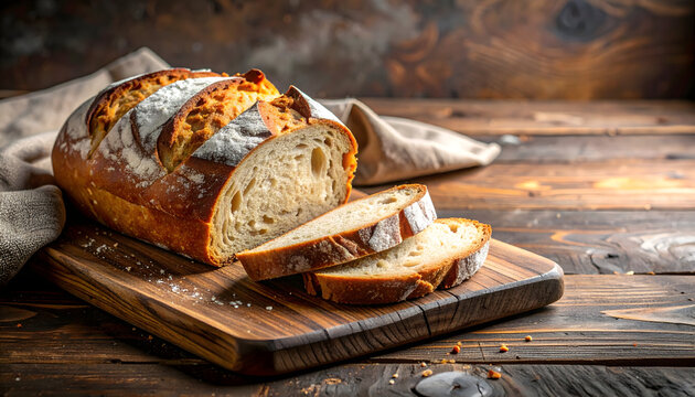 Sliced loaf of fresh bread on wooden cutting board