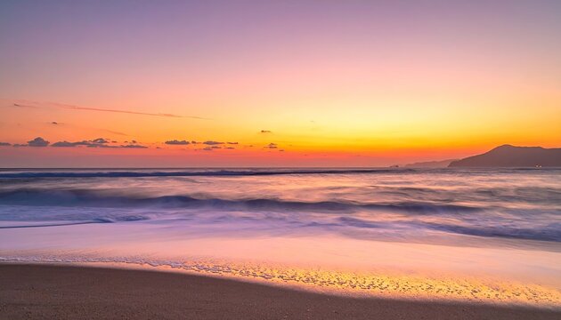 Gentle ocean waves wash ashore on a pebbly beach during a vibrant pink and orange sunset casting soft light across the serene coastal landscape with distant buildings. - Powered by Adobe