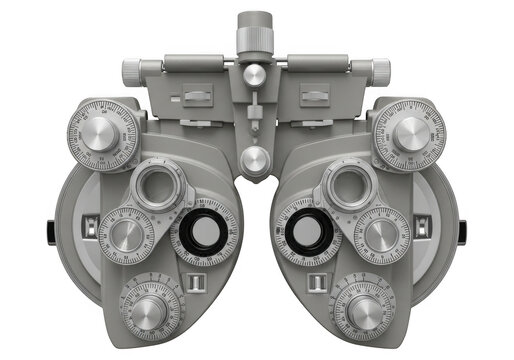 A closeup, topdown view of a gray phoropter used by optometrists for eye examinations, isolated on transparent background