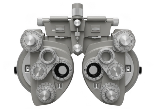 A closeup, topdown view of a gray phoropter used by optometrists for eye examinations, isolated on transparent background