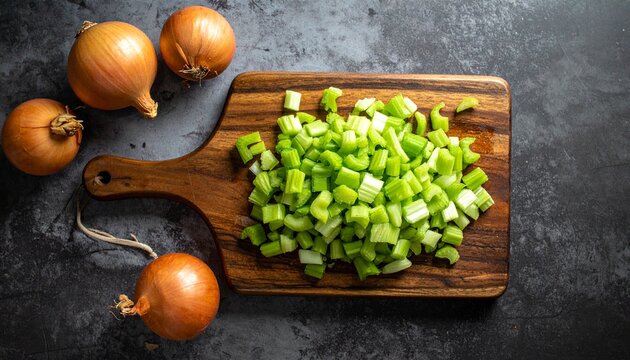 Freshly chopped celery and whole onions on a rustic wooden cutting board, ready for cooking.