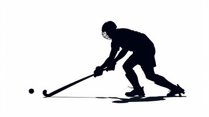 Silhouette of hockey player with helmet striking ball with stick on white background isolated image