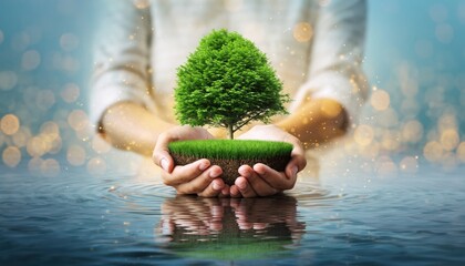 Protecting the planet: Hands holding a miniature tree in a serene water landscape symbolizing