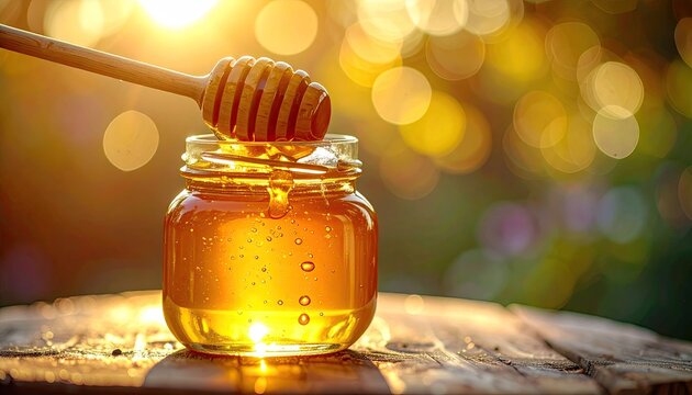 Golden Honey Dripping From Wooden Dipper Into Glass Jar With Blurred Bokeh Background Warm Sunlight Over Table Top Macro Shot