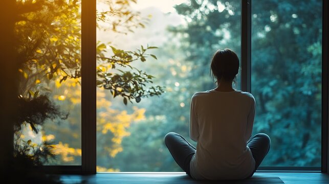 A woman sits in a yoga pose in front of a window, looking out at a forest. The sun shines through the trees, creating a warm glow.