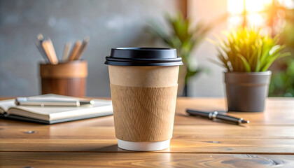 Coffee cup on wooden table with plant in background