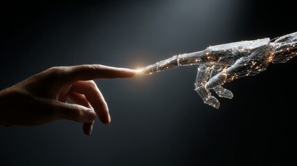 human hand reaching towards an AI robot's finger