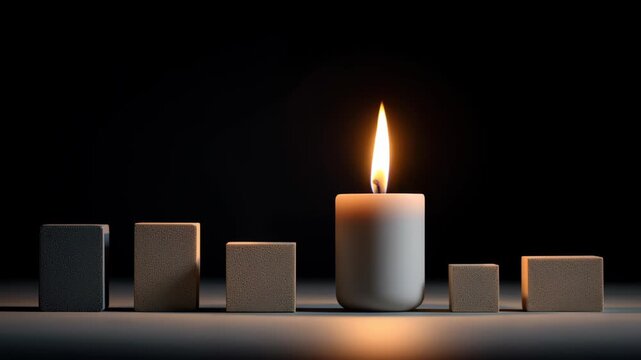 A candle is lit in front of a row of cubes. Macro shot candle flame next to precision minimal stationary objects, contemporary lifestyle balance, hanukkah in modern life