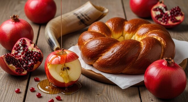 A traditional Jewish holiday bread, the Rosh Hashanah Challah, with pomegranates and honey on a wooden table.