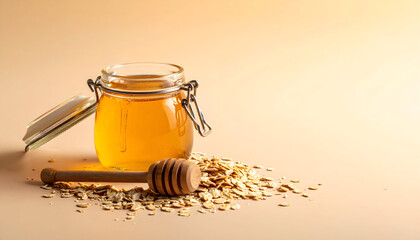 Honey jar with wooden stick and oats scattered