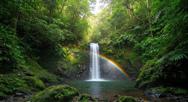 Lush tropical rainforest cascades into a pool with a vibrant rainbow arcing across the mist