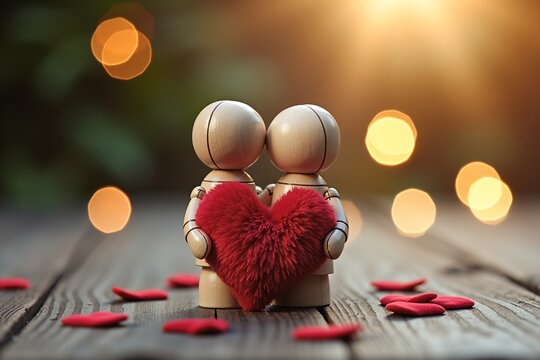 Two wooden figurines embrace, holding a red heart together on a rustic table scattered with rose petals  bathed in warm golden light and soft bokeh background, evoking romance and intimacy.