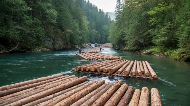 Medium shot of floating logs gently drifting down a serene river showcasing traditional waterway transportation in a natural controlled environment.