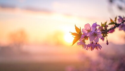 Close up macro shot of pink cherry blossoms with dew drops catching the warm golden sunrise light in a soft focus field background with gentle morning mist