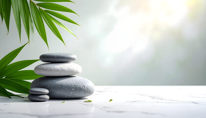 Stacked gray stones with green leaves
