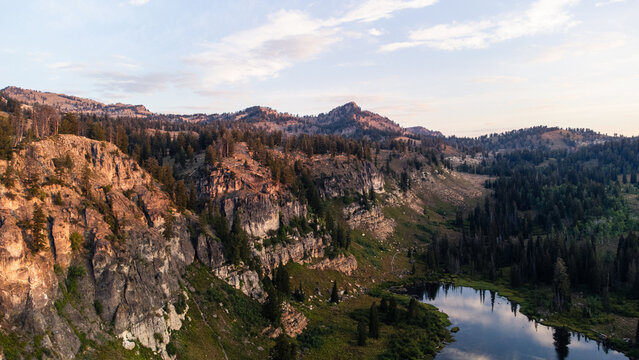 4K Aerial Sunrise views of Tony Grove Lake Utah
