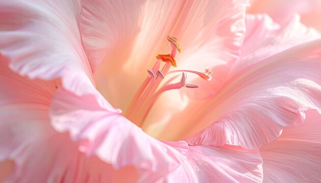 Close up macro view of a soft pink gladiolus flower bloom with delicate petals and stamen illuminated by gentle natural sunlight showcasing intricate textures and details - Powered by Adobe