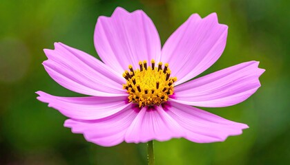 Obraz premium Close Up Of A Pink Cosmos Flower With Yellow Center And Green Blurred Background In The Daytime