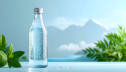 Transparent water bottle on table with mountain background