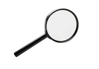 A black magnifying glass with a round lens and handle, isolated on a transparent background