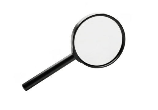 A black magnifying glass with a round lens and handle, isolated on a transparent background
