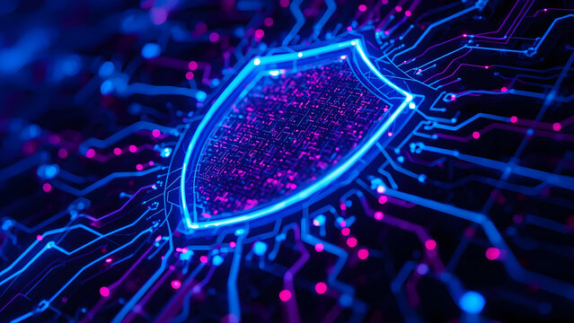 Glowing holographic cyber shield and digital matrix lines on a dark neon background representing cybersecurity and technology protection. Ideal for fintech and tech brands.