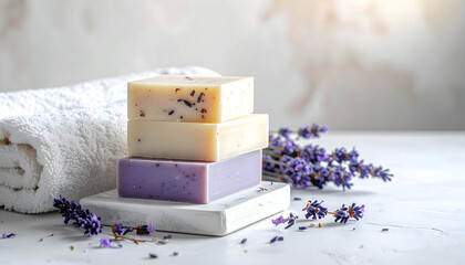 Handmade lavender soap bars with towels