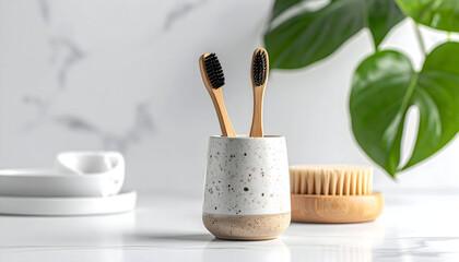 Eco-friendly bamboo toothbrushes in modern holder