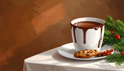 Hot chocolate cup with cookie and pine branch