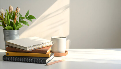 Stack of notebooks with cup and plant on desk