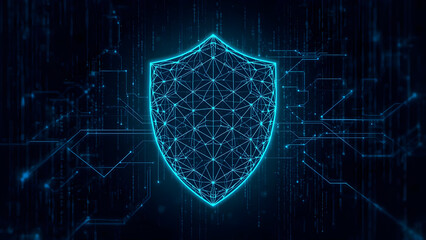 Glowing holographic cyber shield and digital matrix lines on a dark neon background representing cybersecurity and technology protection. Ideal for fintech and tech brands.