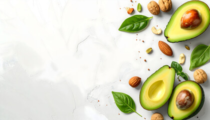 Avocado slices with nuts and leaves