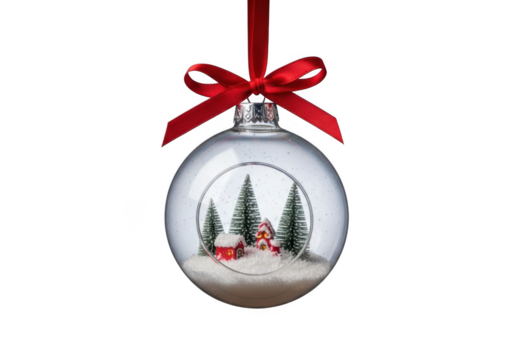 A clear glass christmas ornament with a miniature winter village scene inside, decorated with a red ribbon and bow, isolated on transparent background