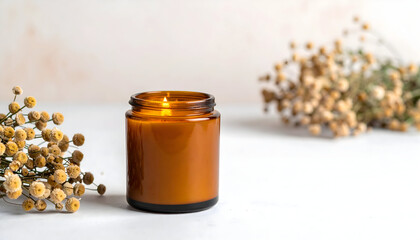 Amber glass candle jar with dried flowers