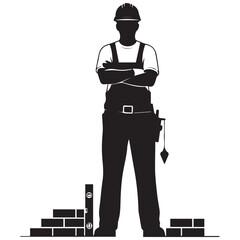 Silhouette of a construction worker standing with arms crossed near bricks