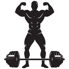 Silhouette of a muscular bodybuilder flexing with a barbell