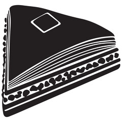Stylized black and white illustration of a layered cake slice
