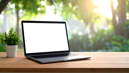 Laptop on wooden table with green plant in background