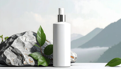White cosmetic spray bottle with natural elements